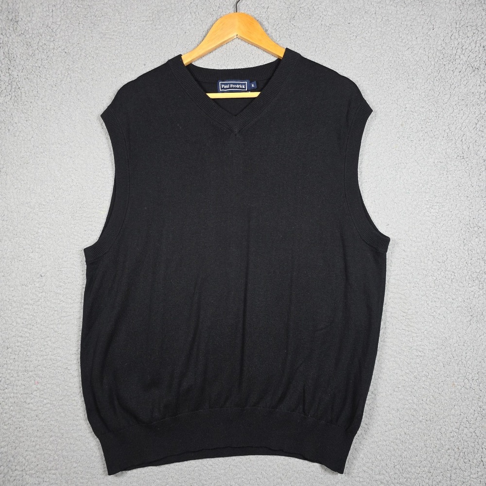 Paul Fredrick Sweater Vest Mens  XL Black Knit V Neck Cashmere Silk Blend Slim